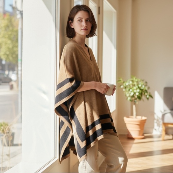 CULLEN 100% Cashmere Striped Poncho Tan Black OS - Picture 1 of 10